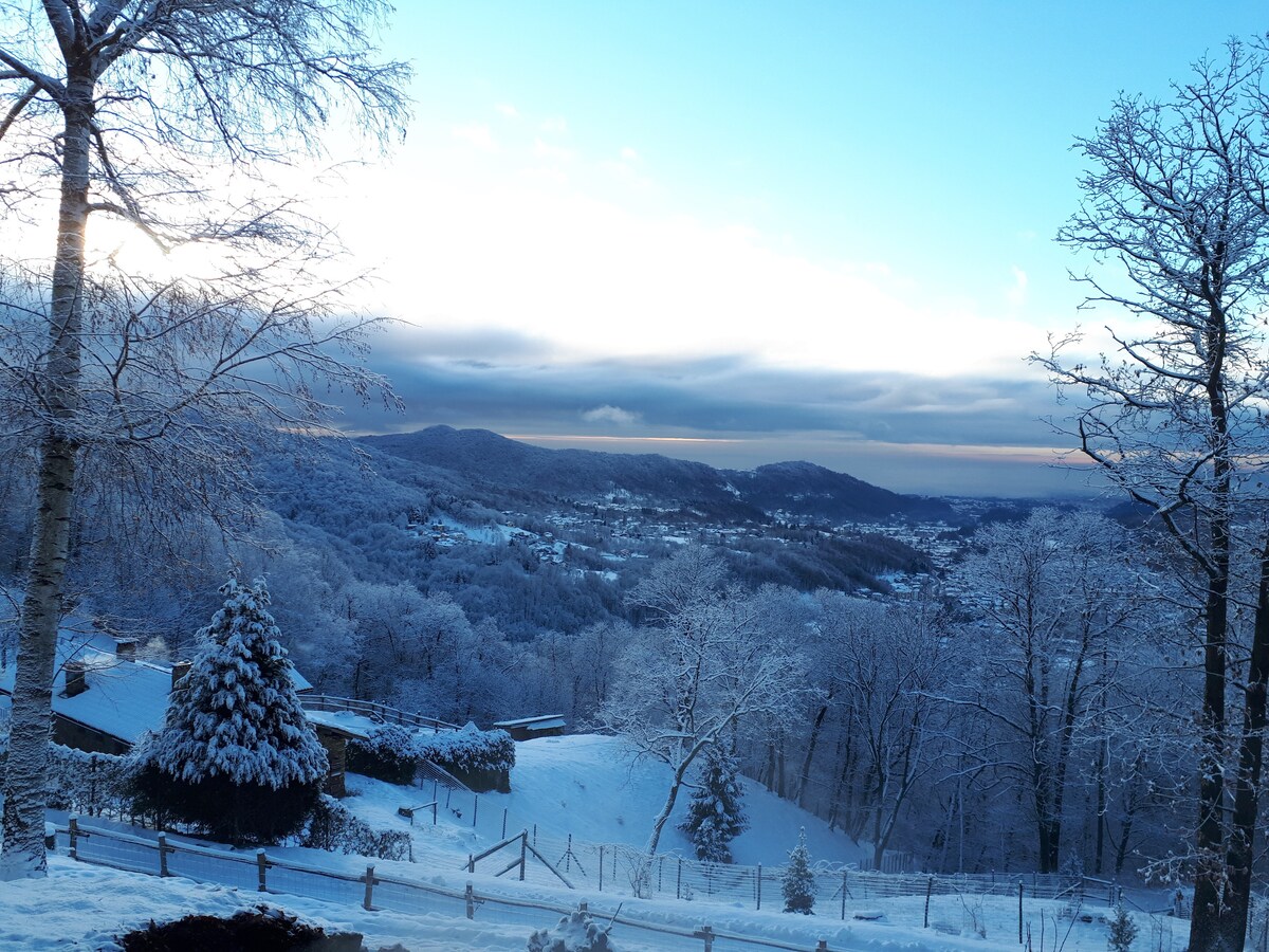 A serene winter landscape is presented, featuring snow-covered trees and rolling hills under a soft blue sky. The foreground includes a gentle slope leading to a distant valley, creating a peaceful and inviting atmosphere. The snow blankets the ground and rooftops in the scene.