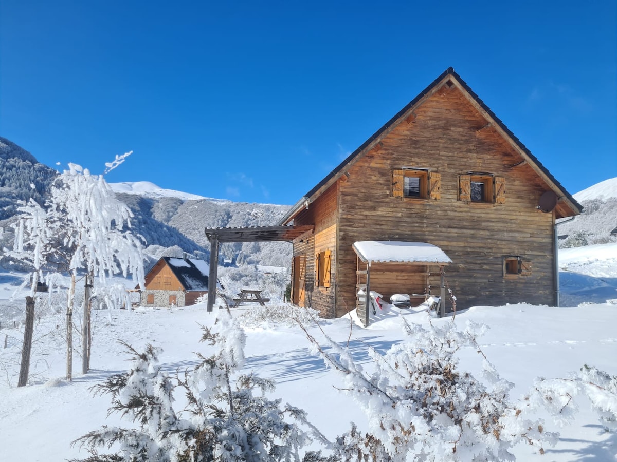 A wooden chalet is nestled in a snowy landscape, surrounded by snow-laden trees. The building features multiple windows and a porch, inviting natural light. The backdrop includes snowy mountains, creating a serene winter atmosphere.