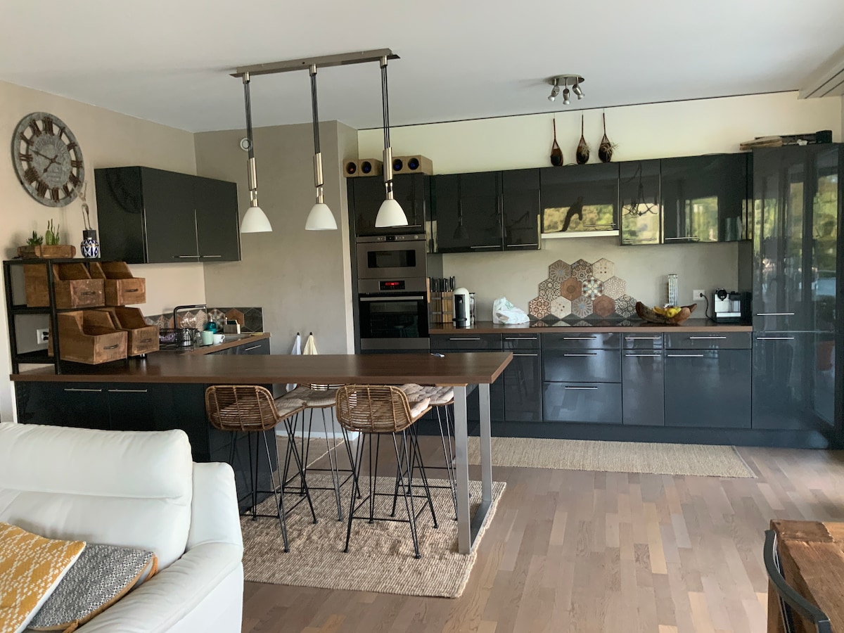 The kitchen features sleek black cabinetry and a spacious island with two high chairs. Pendant lights hang above the island, illuminating the modern design. A textured rug lies beneath the dining area, and various kitchen appliances are arranged on the countertops.