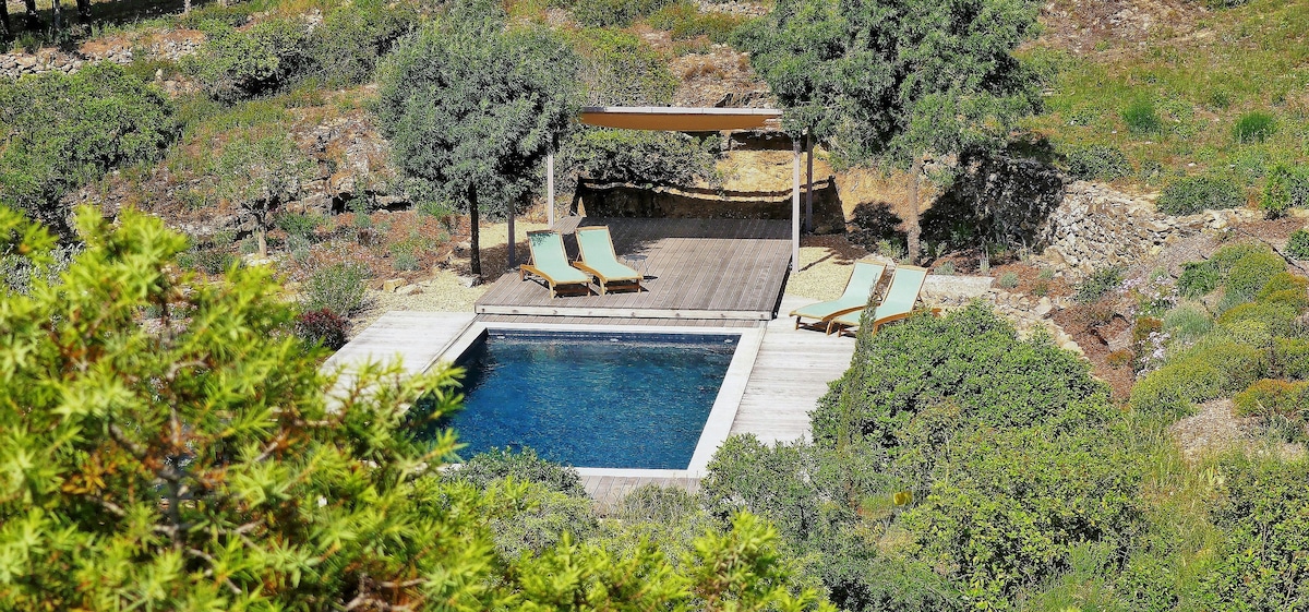 A shared pool is surrounded by lush greenery and sun loungers. The pool area features a shaded pergola, providing a relaxing space for guests. Visible landscaping includes a variety of native plants, enhancing the tranquil outdoor setting.