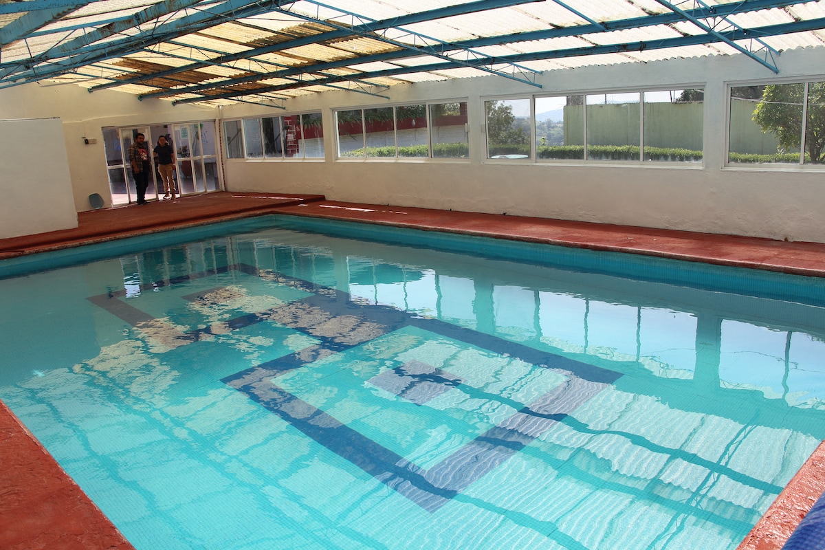 An indoor swimming pool is surrounded by large windows, allowing natural light to illuminate the water. The pool features a clear blue surface and a red-tiled perimeter. Open space is visible in the background, with people engaging in a casual conversation.