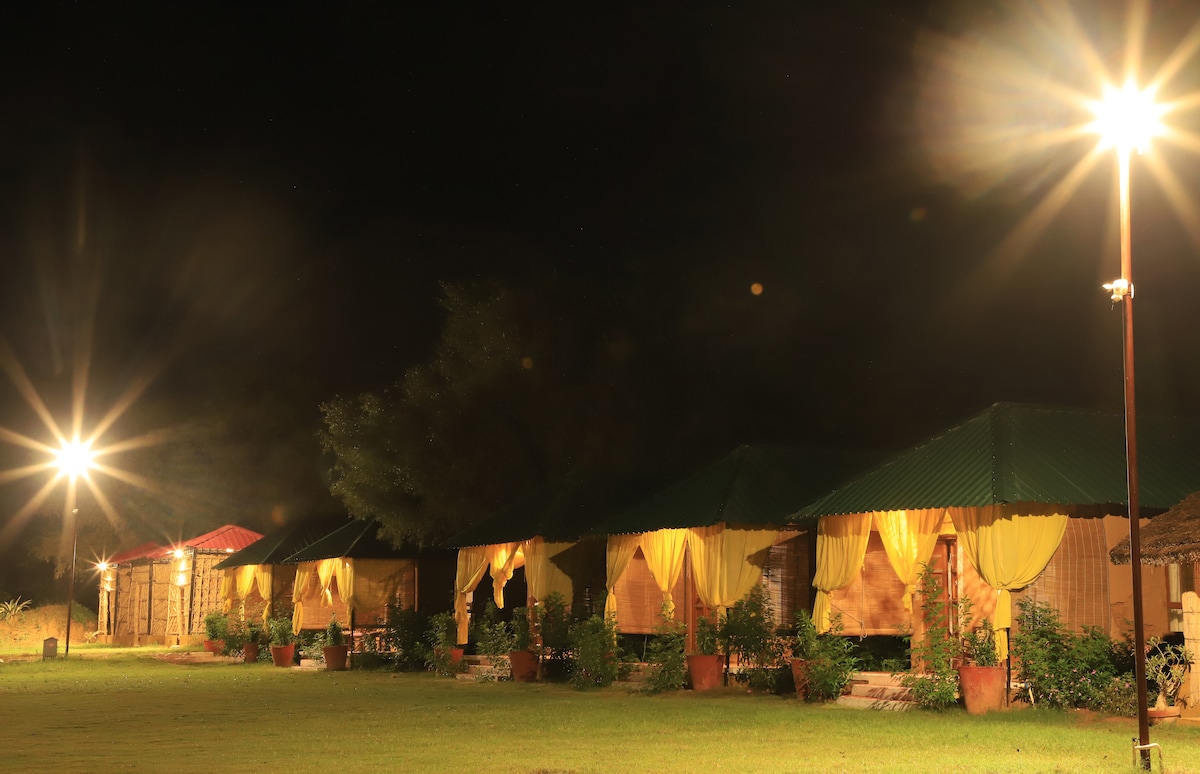 The resort features several charming cottages, each adorned with yellow curtains that softly sway in the breeze. Well-spaced outdoor seating areas invite relaxation under the soft glow of lights, creating a serene nighttime ambiance amidst lush greenery.