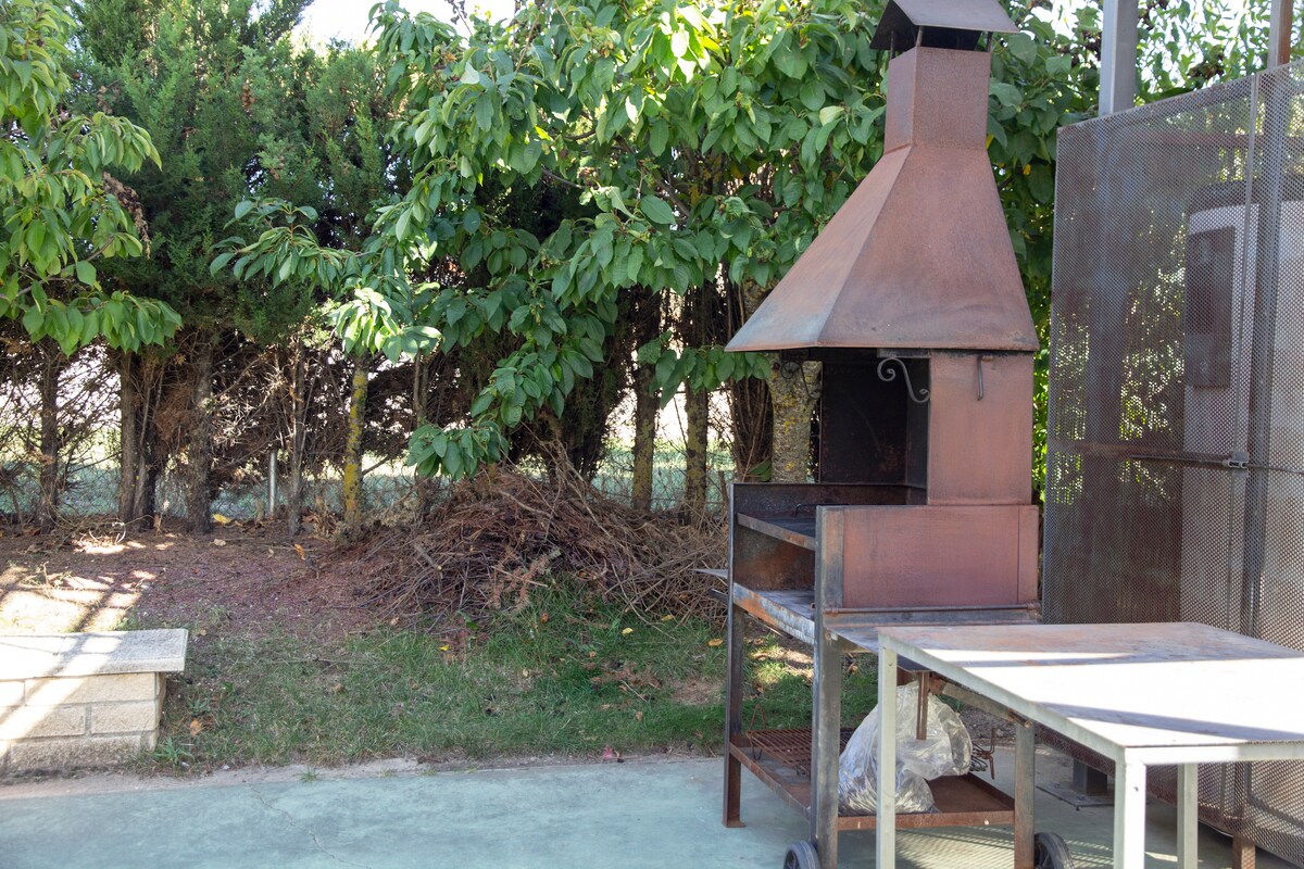 An outdoor grilling area is featured, showcasing a metal barbecue pit and a nearby metal table. Lush green foliage provides a natural backdrop, contributing to a serene outdoor setting. The ground is paved, and a small seating area can be partially seen in the background.