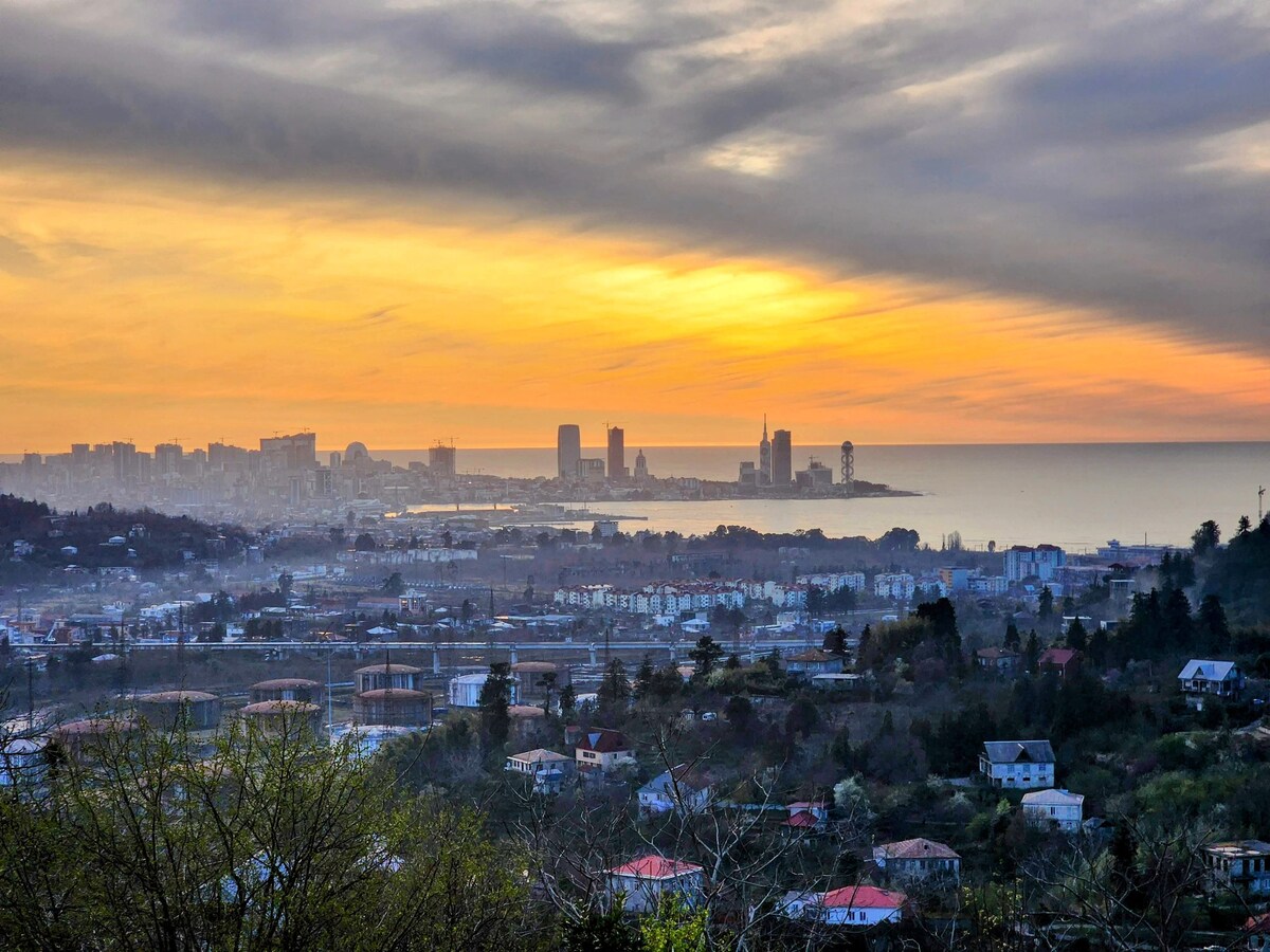A scenic view captures a coastal city skyline at sunset, where the horizon meets a tranquil sea. The soft colors blend in the sky, while residential areas are visible in the foreground, framed by lush greenery to enhance the visual appeal.