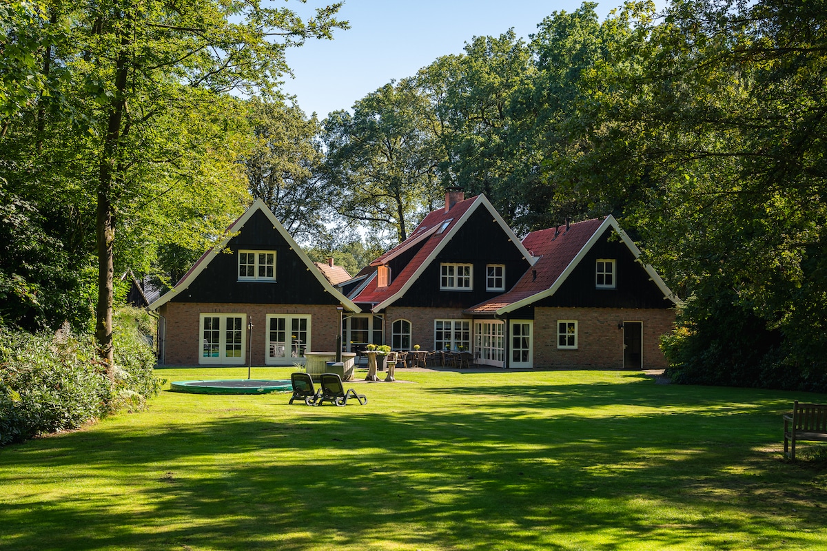 A spacious luxury country house is surrounded by lush greenery and trees. The structure features a distinctive black and red color scheme, with multiple gabled roofs. A well-maintained lawn includes outdoor seating and a pool area, creating an inviting outdoor space.