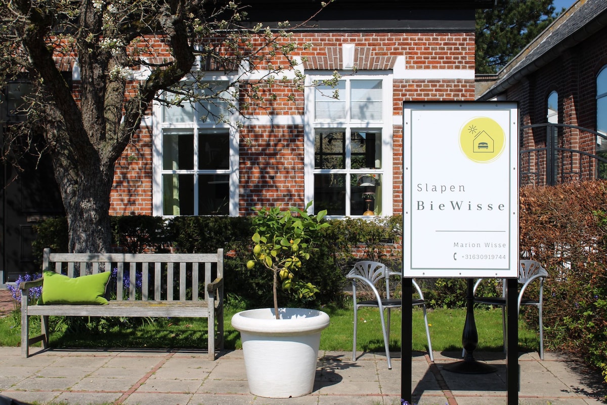 An outdoor area features a wooden bench and a modern chair alongside a white flower pot. A sign displays the name 'Slapen BieWisse,' framed by well-maintained greenery and brick walls, with large windows allowing natural light to enter the building.