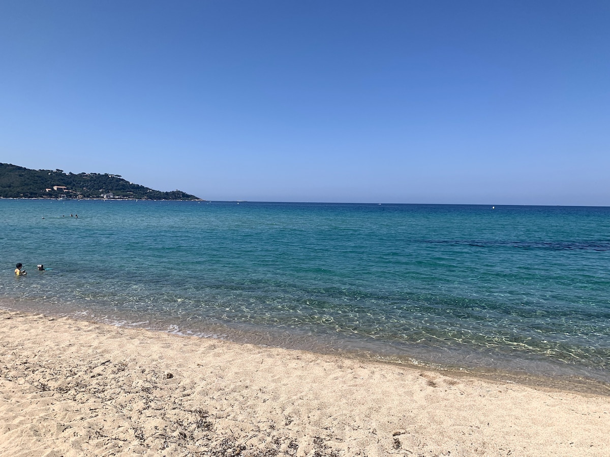 A serene beach scene presents soft, sandy shores leading to calm, clear turquoise waters. The horizon is lined with gentle waves, and a distant green hill can be seen under a bright blue sky. Sunlight reflects off the water, enhancing the tranquil environment.