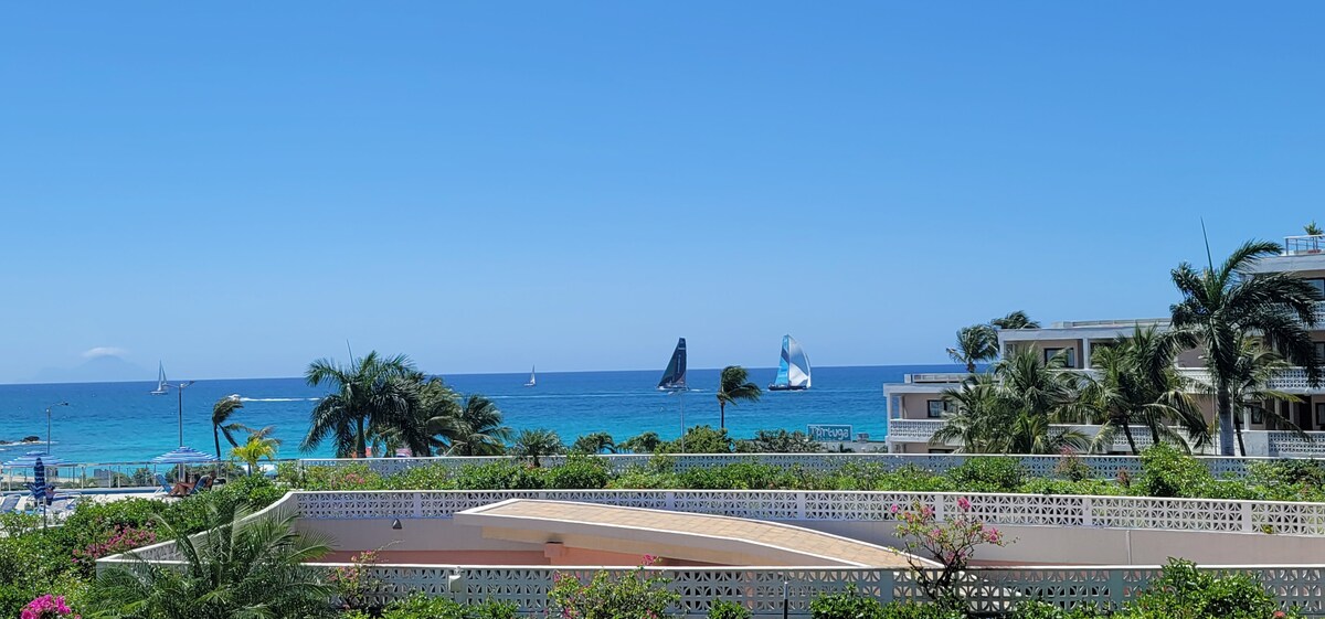 A view of the ocean showcases sailboats gliding across the water under a clear blue sky. Lush greenery and colorful flowers frame the scene, highlighting the vibrant coastal landscape and the tranquility of the surroundings.