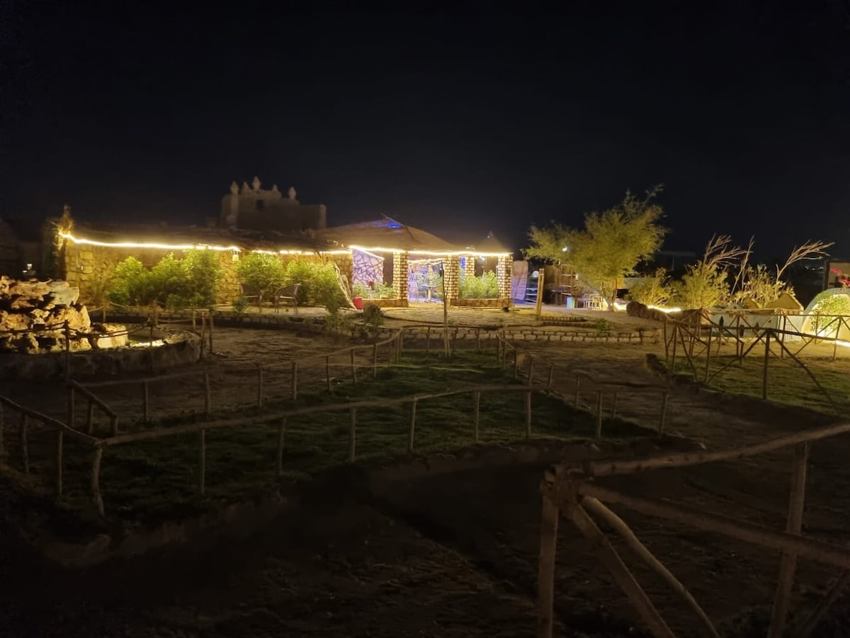A charming lodge is illuminated with warm lights at night, surrounded by lush greenery. A well-maintained garden area features neatly arranged paths and decorative stones. The tranquil atmosphere is enhanced by softly lit outdoor seating areas, inviting relaxation under the night sky.