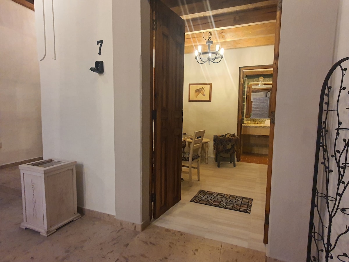 An entrance is shown with a wooden door partially open, revealing a tastefully decorated room. A small dining table with chairs is visible, along with a patterned rug on the floor. Natural light brightens the space, complemented by a unique light fixture above.