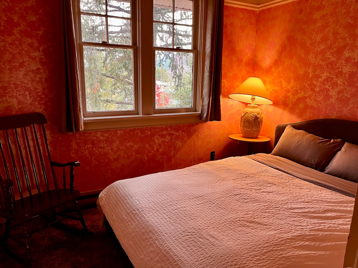 从标准双人床卧室欣赏森林景观