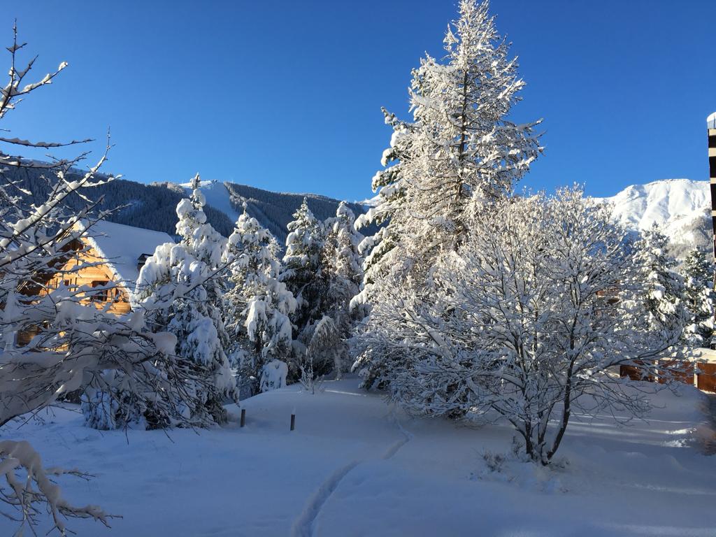 A winter scene captures snow-covered trees and a serene landscape. The bright blue sky contrasts with the white snow, creating a calm and peaceful atmosphere. Snow blankets the terrain, and distant mountains provide a picturesque backdrop.