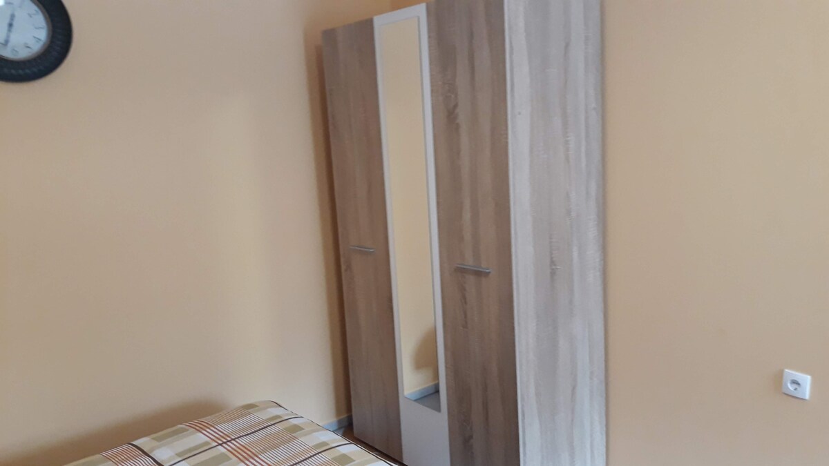 A wooden wardrobe with a mirrored front is positioned against a soft-colored wall. The spacious bed features a plaid patterned blanket, complementing the room's warm tones. A wall clock is visible in the upper corner, adding to the room's functionality.