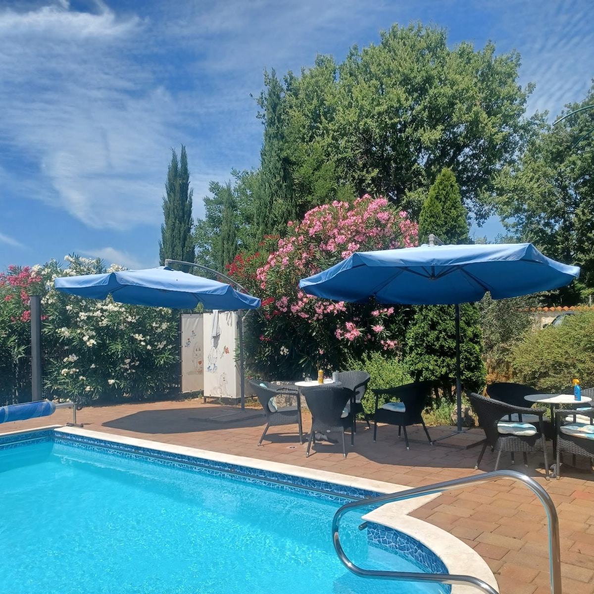 An outdoor area features a sparkling pool surrounded by blue umbrellas providing shade. Comfortable seating arrangements are visible next to the pool, framed by lush greenery and blooming flowers. The serene environment is complemented by a clear blue sky.