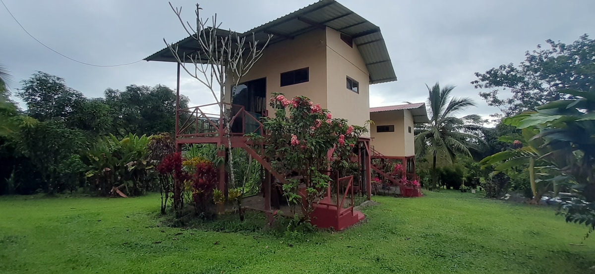 The exterior of a cabin is surrounded by lush greenery and colorful flowering plants. The cabin features a raised structure with stairs leading up to an entrance. A variety of trees and foliage create a natural setting, with a clear view of the sky above.