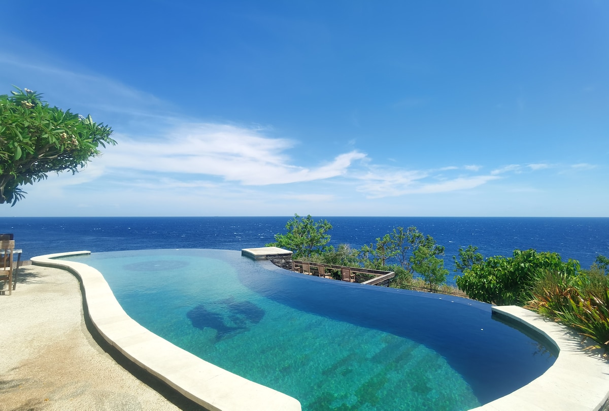 An infinity pool extends toward the ocean, offering uninterrupted views of the vast horizon. Lush greenery surrounds the pool area, complementing the tranquil blue waters. The clear sky enhances the serene environment, inviting moments of relaxation and reflection.
