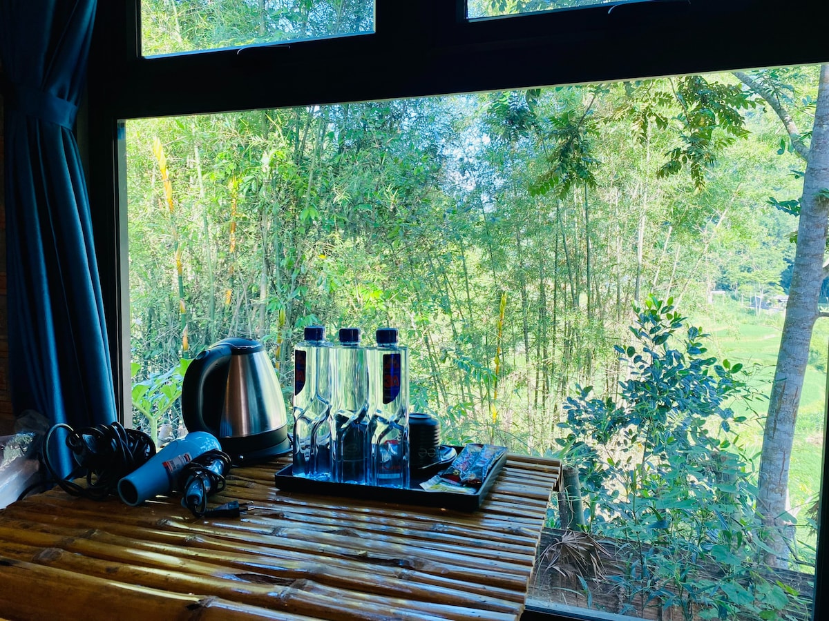 A wooden table is positioned near a large window, offering a view of lush greenery outside. Several glass water bottles are neatly arranged on a tray alongside a kettle and an assortment of items. Sunlight filters through the window, illuminating the space.