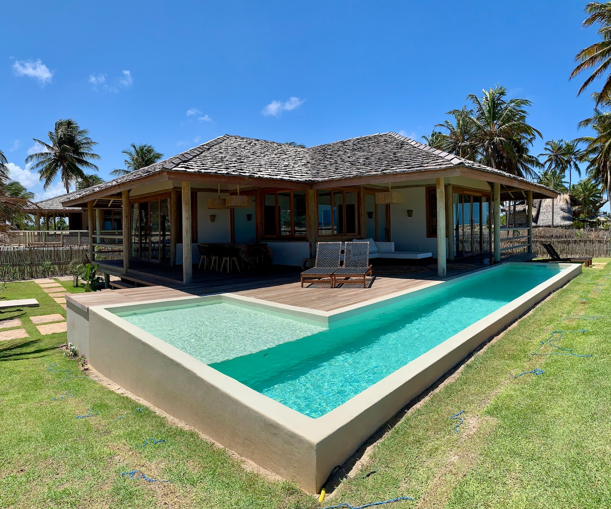 A single-story house is featured with a thatched roof, surrounded by tropical palm trees. A private pool with two sections showcases a clear and shallow area. The spacious deck offers lounge chairs, and large glass doors provide views of the indoor living space.