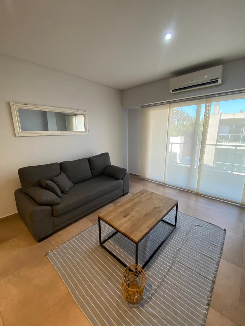 A modern living area features a dark gray sofa centered against a light wall. A wooden coffee table is positioned on a striped rug, with natural light filtering in through large sliding glass doors that lead to a balcony.