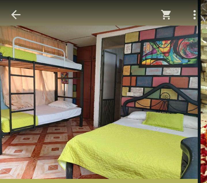 A multi-functional sleeping area features a spacious bed and a bunk bed, accommodating various guests. The walls are adorned with a colorful mural, providing a vibrant backdrop. Natural light filters through a nearby window, enhancing the room's bright green accents.
