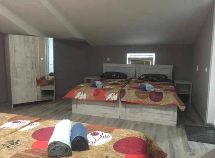 A spacious sleeping area features two beds dressed in patterned bedding. A large mirror reflects the room’s soft lighting. Shelving units are positioned beside each bed, enhancing the practical layout. Towels are neatly rolled and placed at the foot of the beds.