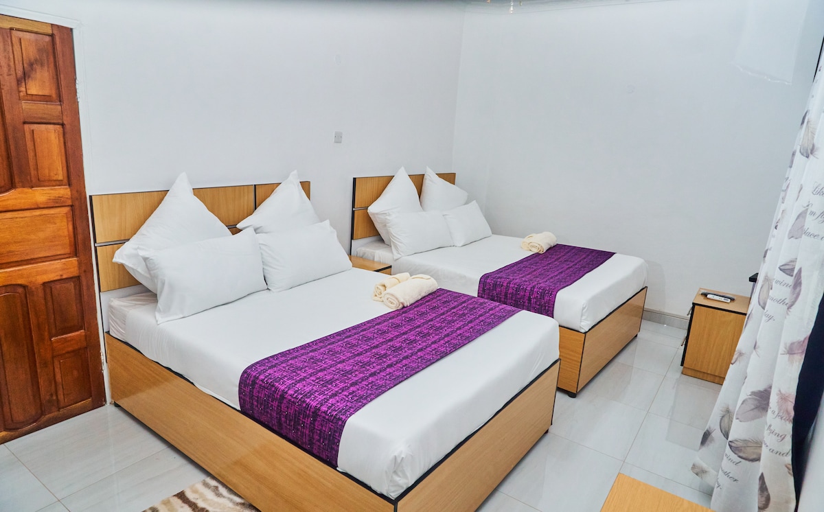 A spacious guest room features two comfortable beds, each adorned with crisp white linens and decorative purple throws. A bedside table is positioned beside the beds. Natural light filters through a curtain, adding a relaxed ambiance to the space.