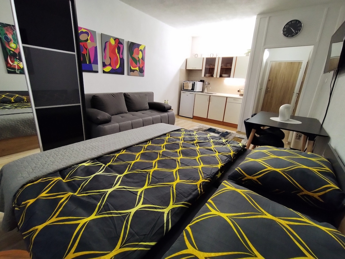 A spacious bedroom features a large bed with a patterned yellow and black blanket. A modern couch sits nearby, complemented by colorful wall art. A well-equipped kitchenette and dining area are visible in the background, enhancing the apartment's functionality.