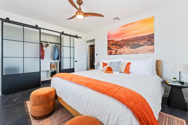 Guest room with King bed & closet space. Comfortable hybrid mattress. 