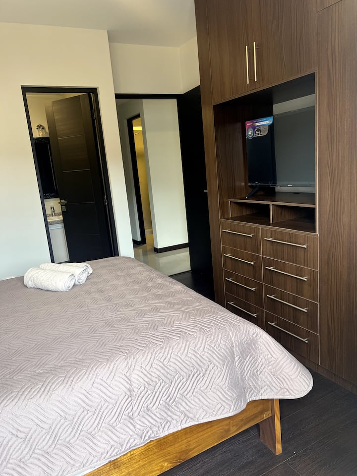 glavna spavaća soba  s privatnom kupaonicom, bračnim krevetom i pametnim televizorom  