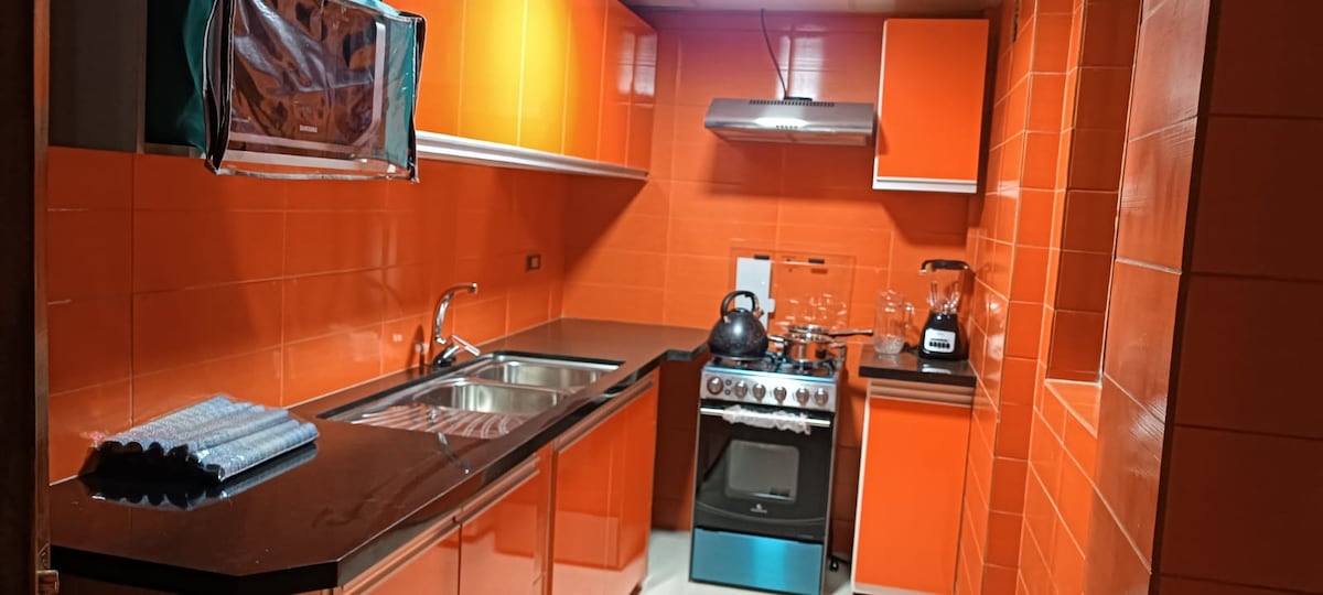 The kitchen is equipped with vibrant orange cabinetry and a sleek dark countertop. A stainless steel stove and kettle are visible, along with a double sink. Glassware and small appliances are neatly arranged, highlighting a functional cooking space.