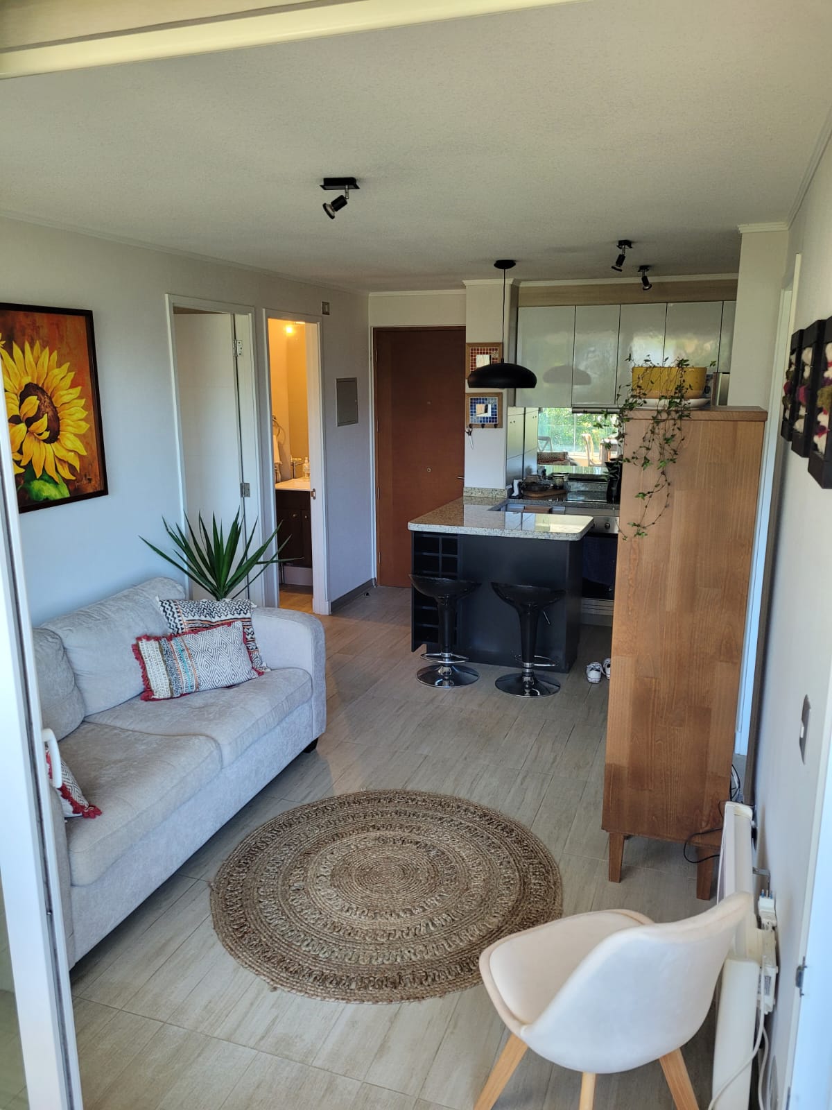 A cozy living area features a light-colored sofa adorned with a patterned throw cushion. A circular rug is placed on the tiled floor. The kitchenette is visible, equipped with modern bar stools, while art and a potted plant add a welcoming touch.
