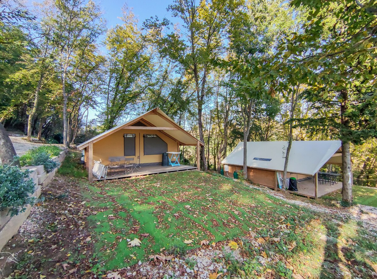 Two spacious glamping structures are situated in a natural setting, surrounded by trees and grassy areas. One building features a wooden deck with seating arrangements, while the second structure has a tent-like design. The landscape is dotted with fallen leaves, indicating a connection with nature.