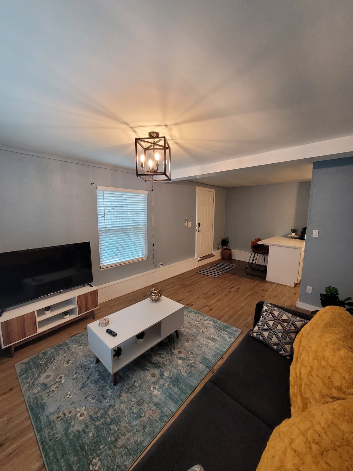 A comfortable living area is shown, featuring a dark sofa adorned with decorative pillows. A light fixture hangs from the ceiling, providing illumination. A television is positioned on a light wood media unit, while a light area rug rests on the synthetic hardwood floor.