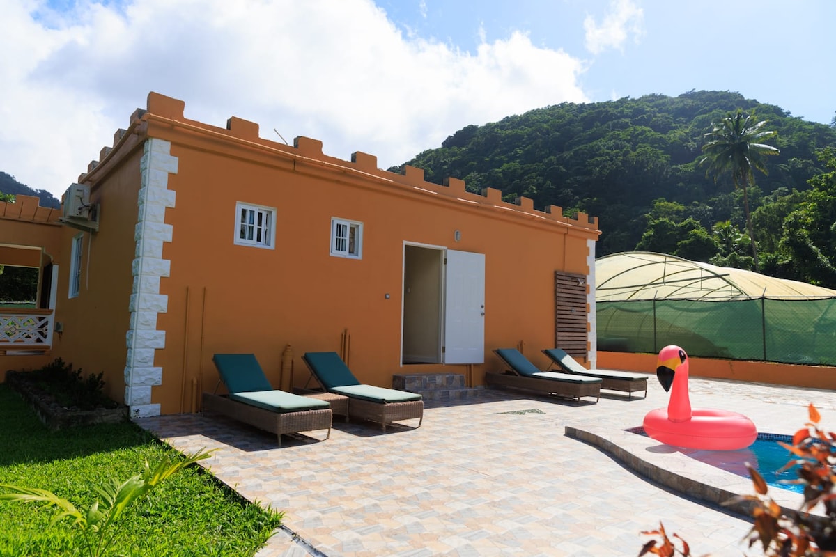 The exterior of the cottage features a vibrant orange facade, set against a lush mountainous backdrop. A small outdoor patio includes two sun loungers, and a pink inflatable flamingo by the private plunge pool. The sky is partly cloudy, adding to the serene environment.