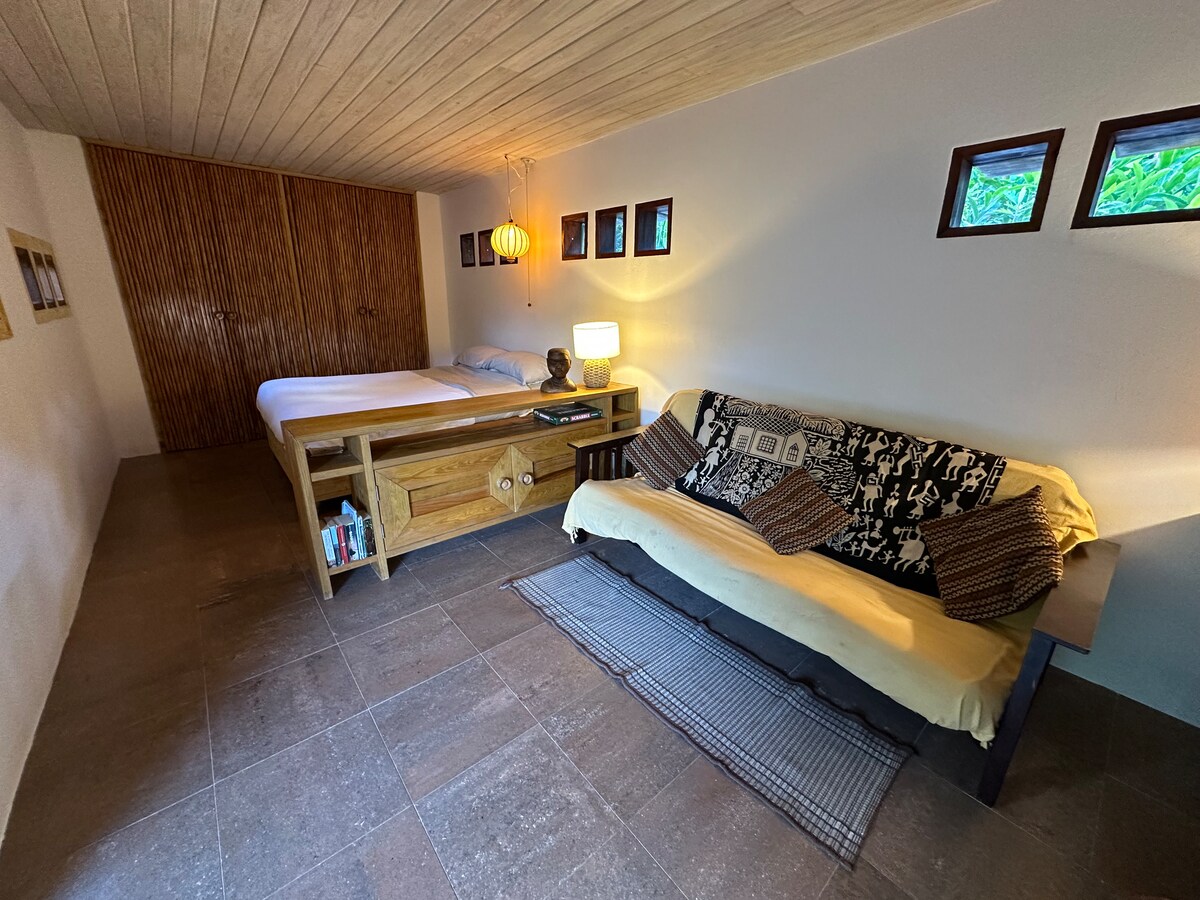 Sala de estar con libros y sofá que se puede convertir en una cama para un máximo de dos huéspedes adicionales por acuerdo previo. 