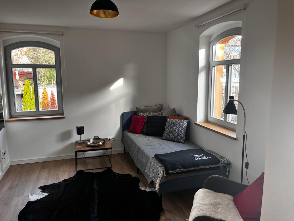 A cozy living space features a comfortable daybed adorned with decorative pillows, along with a side chair. Two large windows allow natural light to fill the room, while a floor lamp and small table enhance the functionality of the area. A textured rug adds warmth to the wooden floor.
