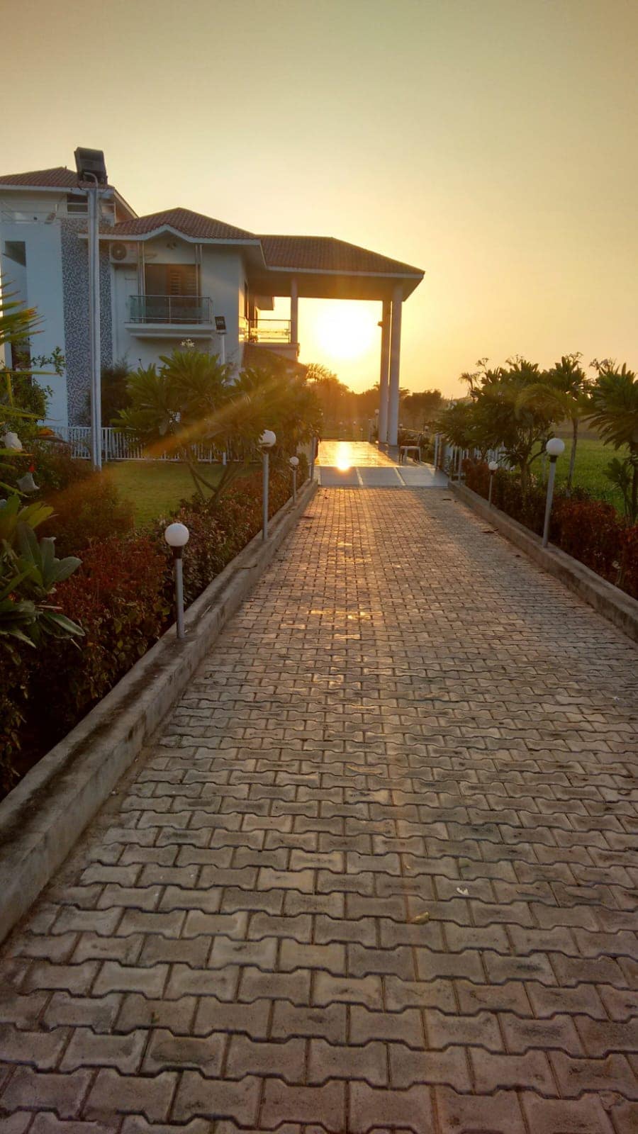 A pathway lined with palm trees and illuminated by soft garden lights leads towards a modern bungalow. The setting sun casts a warm glow, highlighting the welcoming entrance and creating a serene atmosphere.