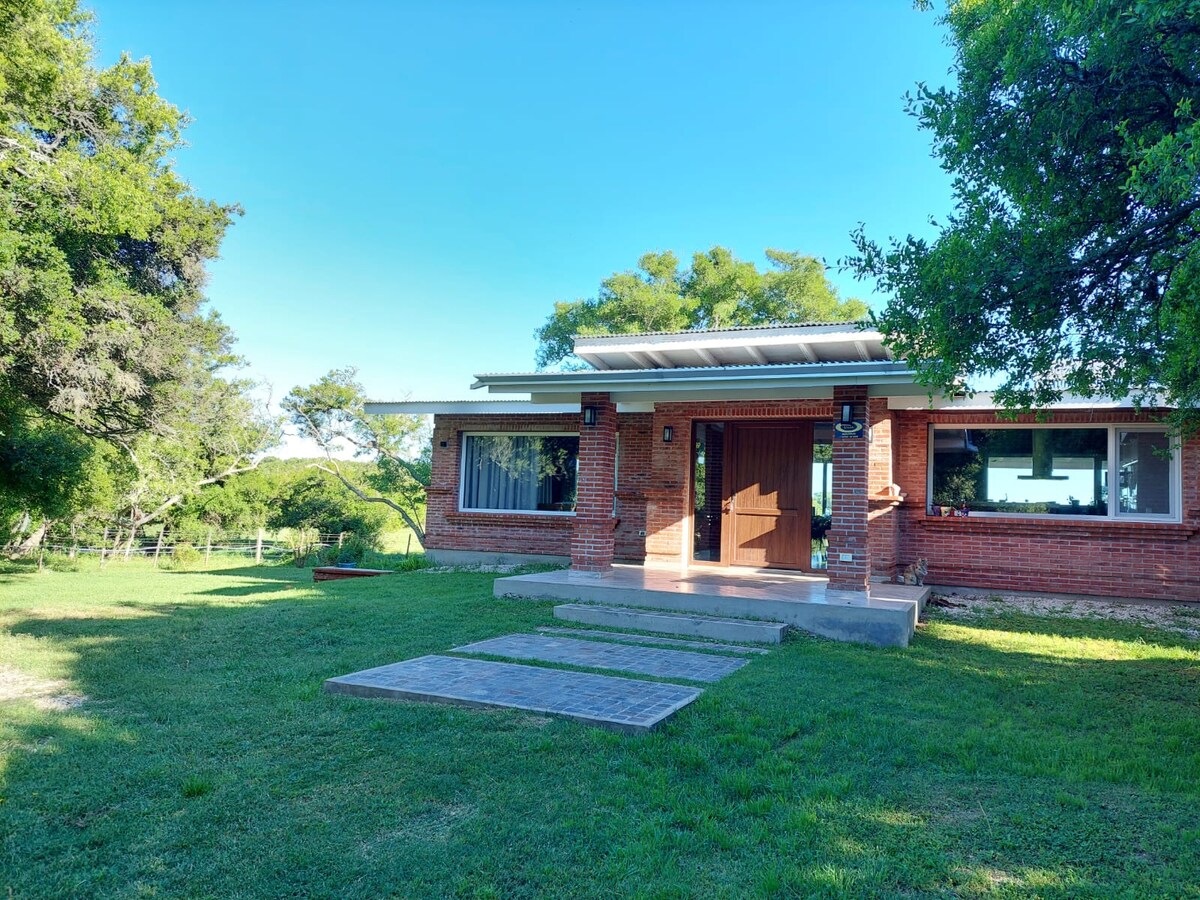 A single-story brick house is depicted, featuring a welcoming entrance with wooden doors. A pathway of stone steps leads to the front door, surrounded by a green lawn and trees. Large windows allow natural light to brighten the interior spaces.