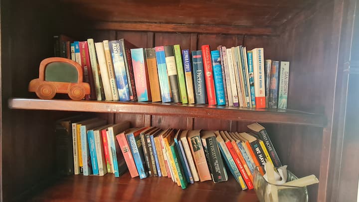 Books n games. The books on the shelf have something for everyone including Douglas adams, Harry Potter, Shantaram, Classics and more