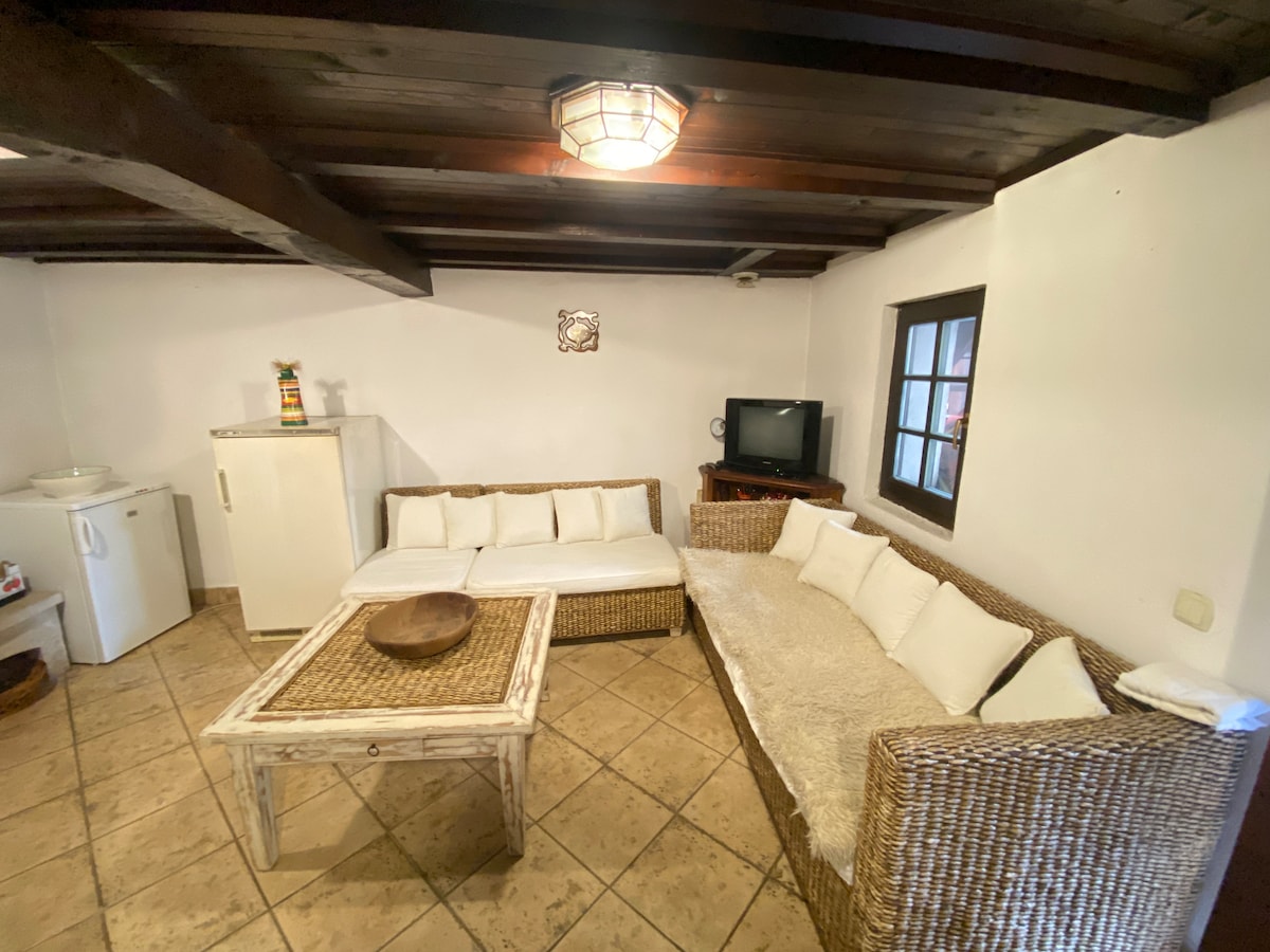 A living area features a combination of white and natural wicker seating arrangements, including a spacious sofa and armchair. A wooden coffee table sits at the center, and a small kitchenette with a refrigerator is visible. Light enters through a window, accentuating the room's cozy ambiance.