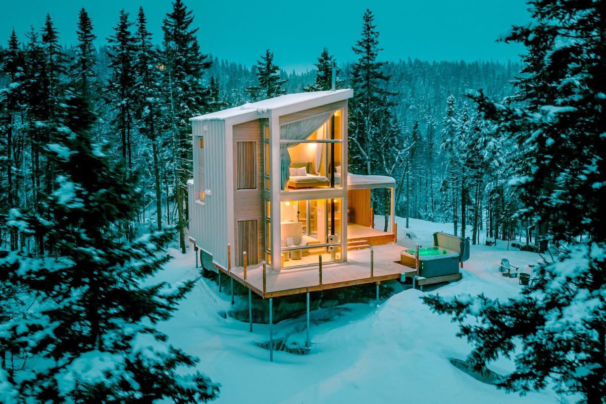 The modern cabin is nestled among trees, showcasing a contemporary design with large windows that reflect the winter landscape. The exterior is adorned with snow, and a cozy porch is visible, featuring seating arrangements for outdoor relaxation.