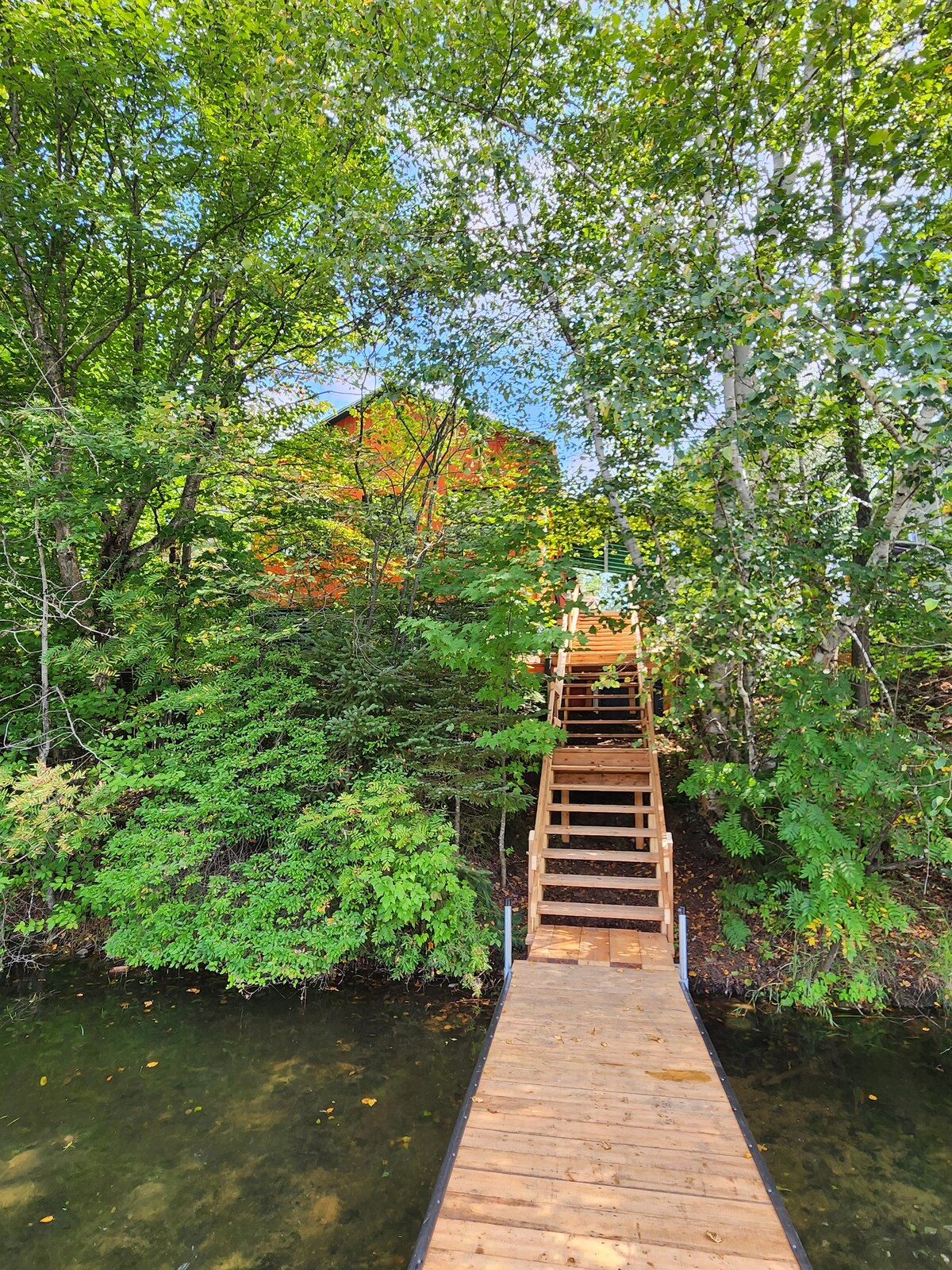 A wooden walkway leads to a charming chalet nestled among lush green trees. The stairs ascend gently from the water's edge, guiding visitors to the entrance. The natural surroundings provide a sense of privacy and tranquility.
