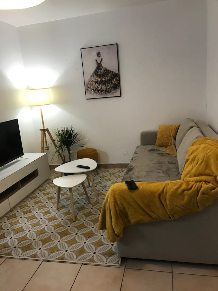 ห้องนั่งเล่นที่อบอุ่นและใช้งานได้ดี:
เตียงโซฟา ทีวี พรมลายกราฟิก และไฟสร้างบรรยากาศเพื่อพื้นที่ที่อบอุ่นและสะดวกสบาย