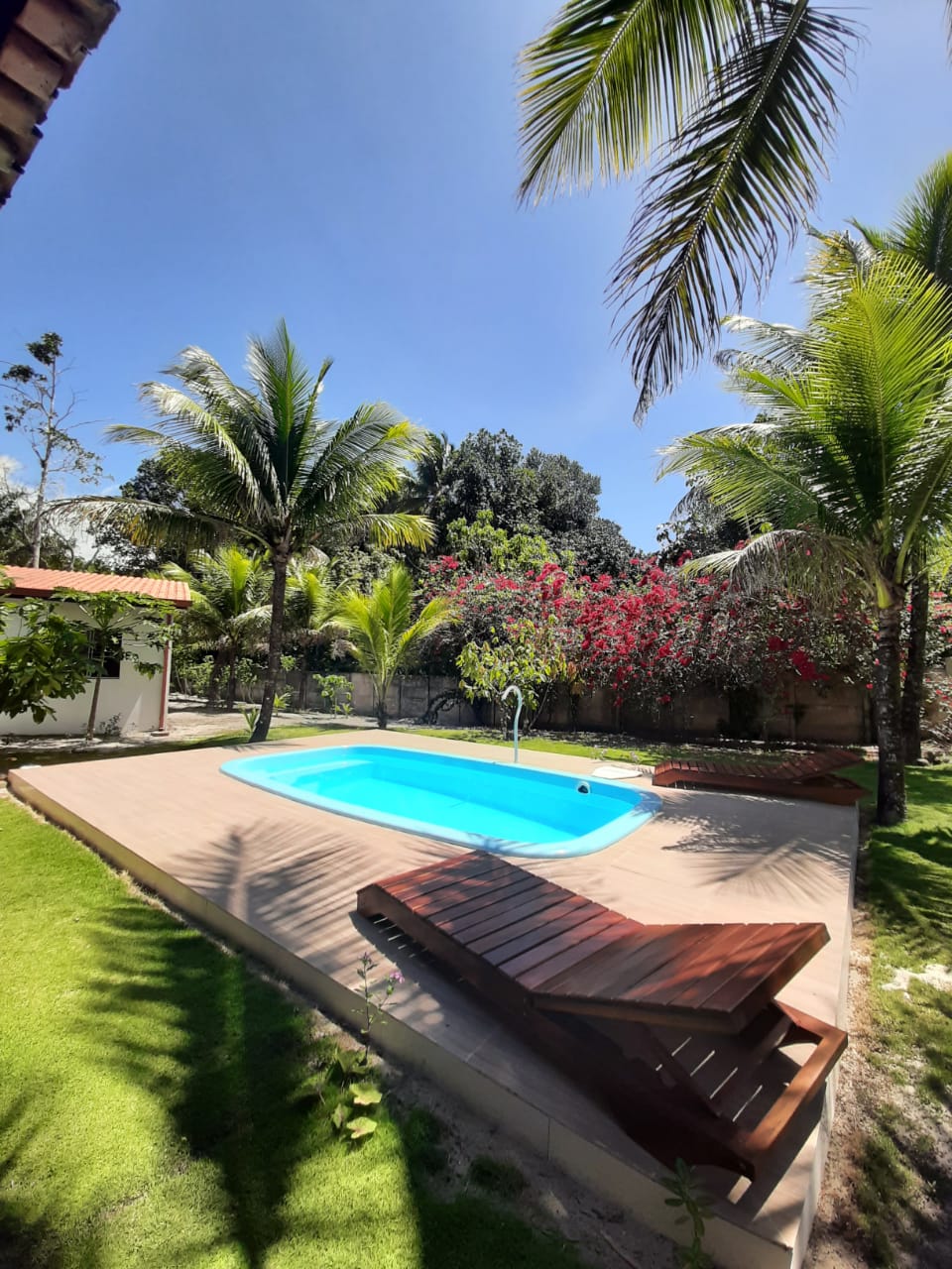 A serene outdoor area features a turquoise swimming pool surrounded by lush greenery and palm trees. Colorful flowering plants add vibrant touches to the landscape. A wooden lounge chair is positioned near the pool on the paved deck, offering a relaxing space to unwind.