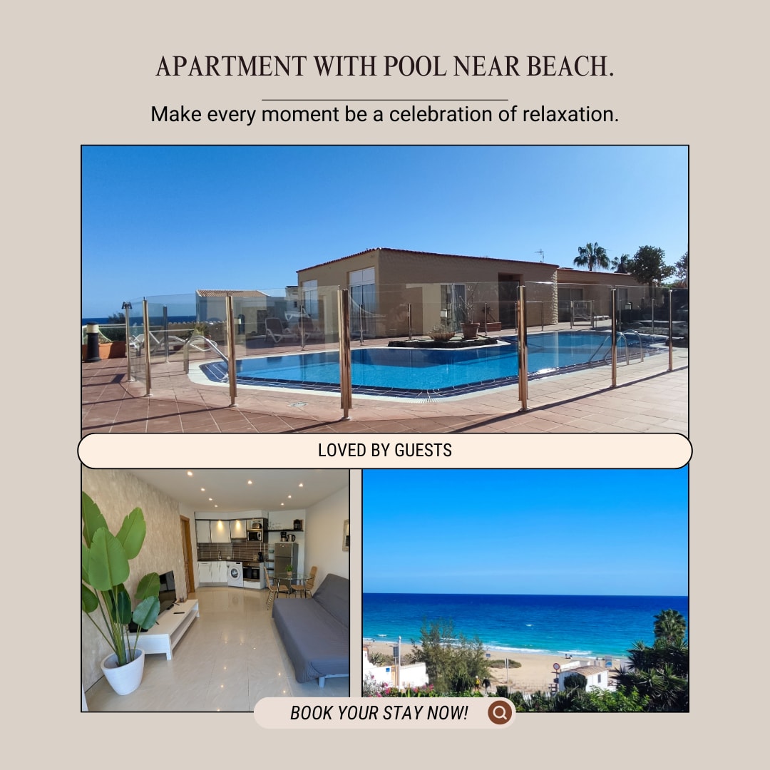 An outdoor pool area is framed by clear glass fencing, overlooking lush palm trees and providing views of the sparkling ocean beyond. A spacious terrace surrounds the pool, inviting relaxation under the sun.