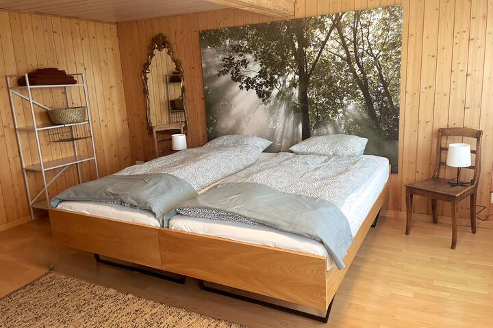 Chumba cha kulala chenye vitanda vya mtu mmoja vinavyoweza kuhamishwa. Vifaa vya kuhifadhi vinapatikana pande zote mbili.