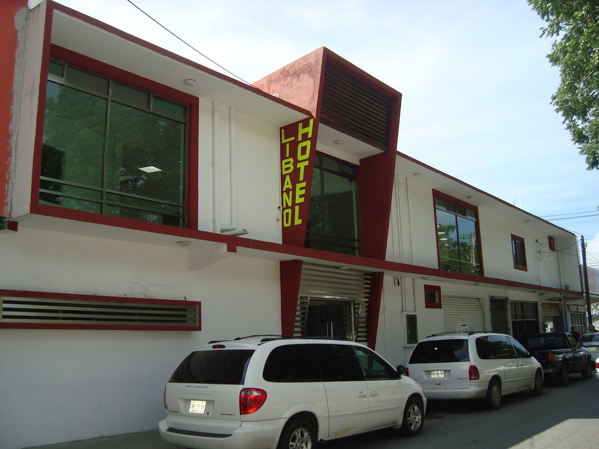 The exterior of a modern hotel is highlighted, featuring large glass windows and a prominent sign reading 'Hotel Libano.' A smooth, minimalist façade showcases a blend of white and red accents, with parked vehicles lining the street in front.