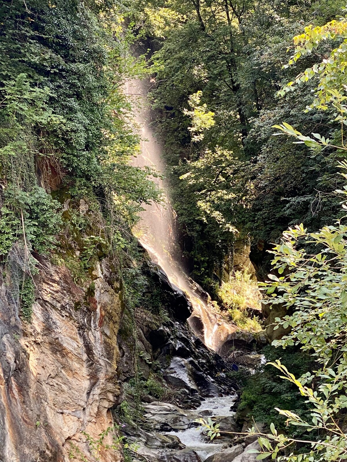 A cascading waterfall is framed by lush greenery, with water flowing over the rocky cliff. Sunlight creates a shimmering effect on the water as it descends into the forested area below, enhancing the natural beauty of the surrounding landscape.