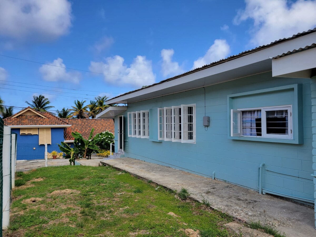 A light blue house is shown, featuring several windows that allow natural light to enter. The exterior is surrounded by a well-maintained lawn with patches of grass and scattered shrubs. The building's roof is sloped, and the sky above is partly cloudy.