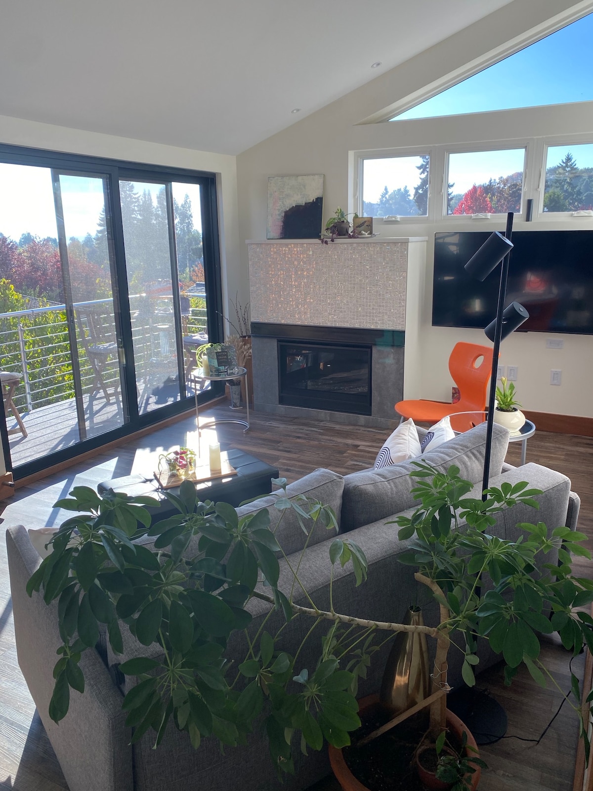 A modern living room is illuminated by natural light through large glass doors. A stylish fireplace serves as a focal point, complemented by a cozy gray sofa and a vibrant orange chair. Potted plants add a touch of greenery to the welcoming space.